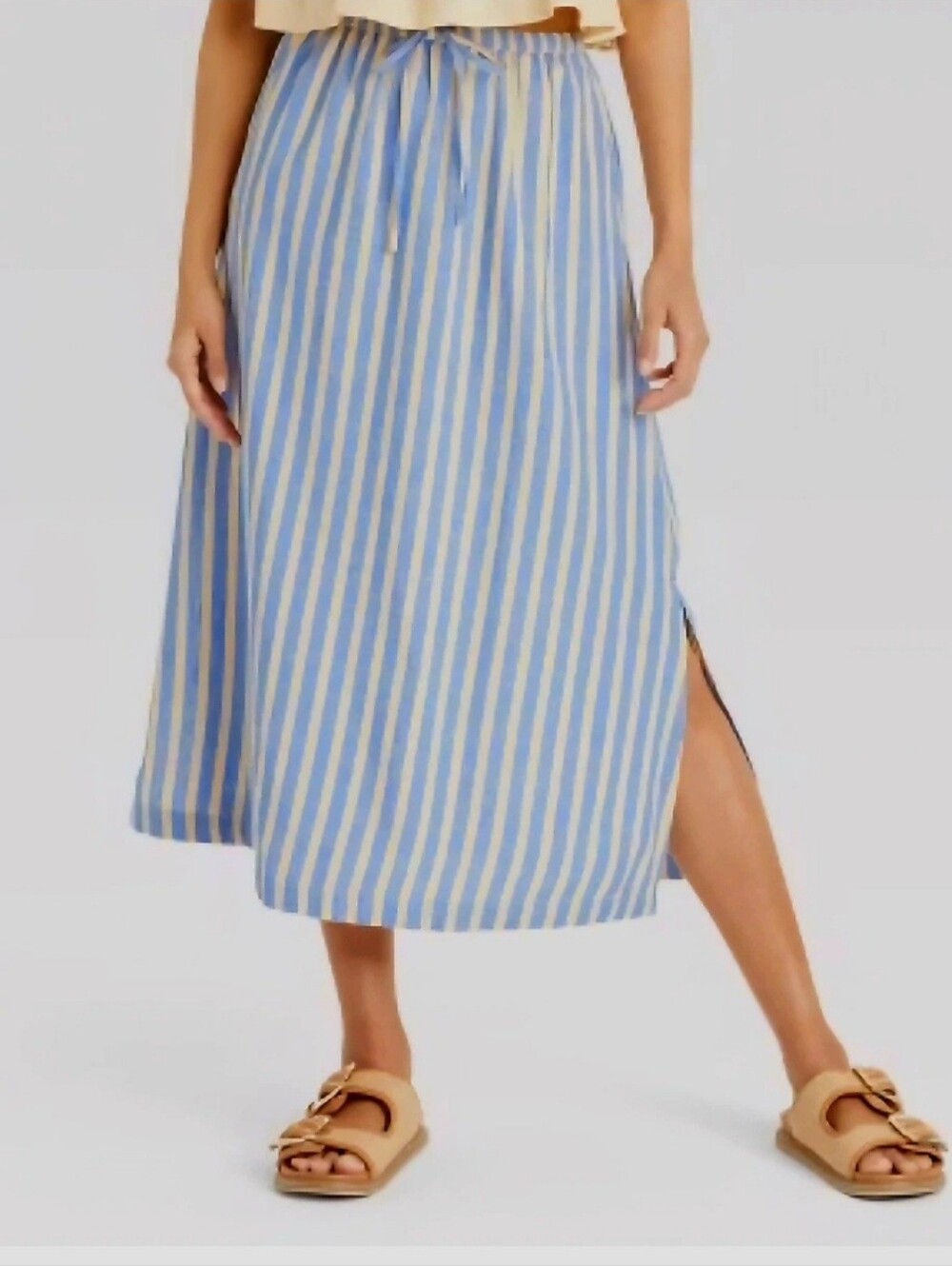Universal Thread Linen-Blend Blue/Yellow Stripe Midi Skirt Size L